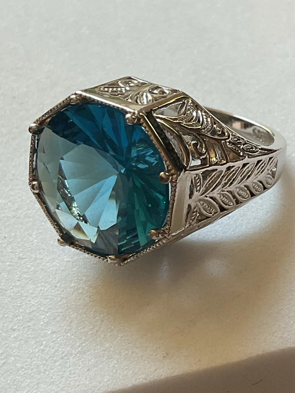 Art Deco Revival Sterling Silver Open Filigree Blue Crystal Ring Size 7